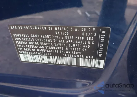 2012 Volkswagen Jetta 2.5L Se из США, поврежденный, VIN 3VWDP7AJ5CM373398